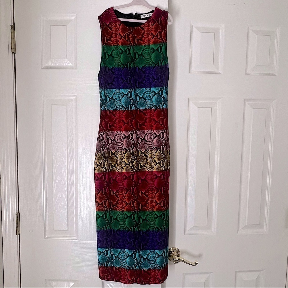 ALICE + OLIVIA Delora Rainbow Snake Print Stretch Midi Dress - NWOT - Picture 5 of 7